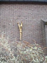 Beeldvergroting: Foto 5. Toen ik dit beeld op de muur van een kerk zag, dacht ik: 'Eindelijk 's een wat kindvriendelijker Jezus. Leuk, met die fladderende vogeltjes rond zijn hoofd.'\n